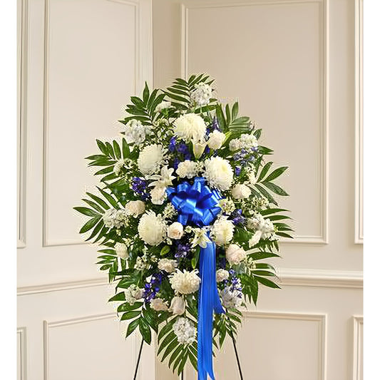 Deepest Sympathies Blue & White Standing Spray - Floral_Arrangement - Flower Delivery NYC