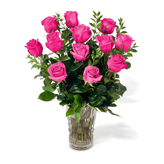 Fresh Roses in a Crystal Vase | Dozen Hot Pink - Floral_Arrangement - Flower Delivery NYC
