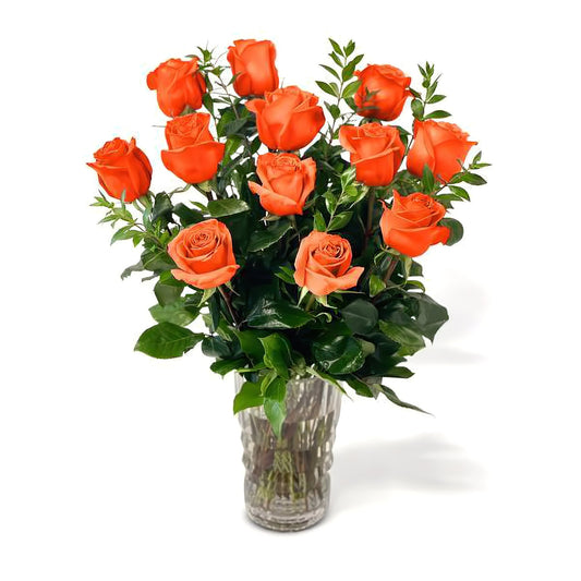 Fresh Roses in a Crystal Vase | Dozen Orange - Floral_Arrangement - Flower Delivery NYC