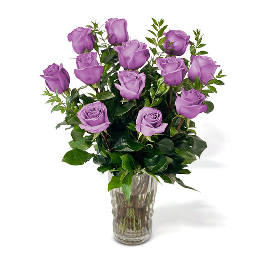 Fresh Roses in a Crystal Vase | Dozen Purple - Floral_Arrangement - Flower Delivery NYC
