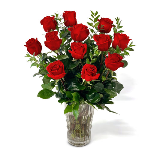 Fresh Roses in a Crystal Vase | Dozen Red - Floral_Arrangement - Flower Delivery NYC