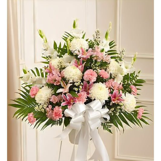 Heartfelt Sympathies Pink & White Standing Basket - Floral_Arrangement - Flower Delivery NYC