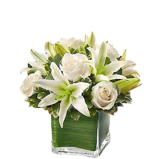 Modern Embrace - White Rose and Lily Cube - Floral_Arrangement - Flower Delivery NYC