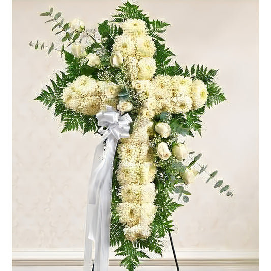Peace and Prayers Standing Cross - White - Floral_Arrangement - Flower Delivery NYC