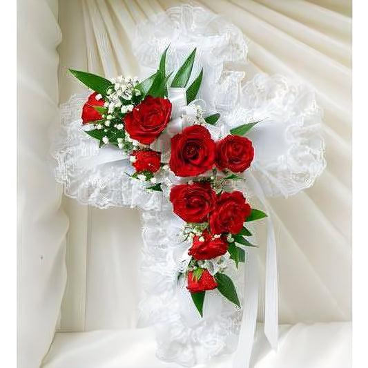 Red & White Satin Heart Casket Pillow - Floral_Arrangement - Flower Delivery NYC