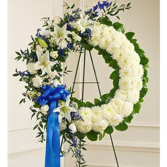 Serene Blessings Blue & White Standing Wreath - Floral_Arrangement - Flower Delivery NYC
