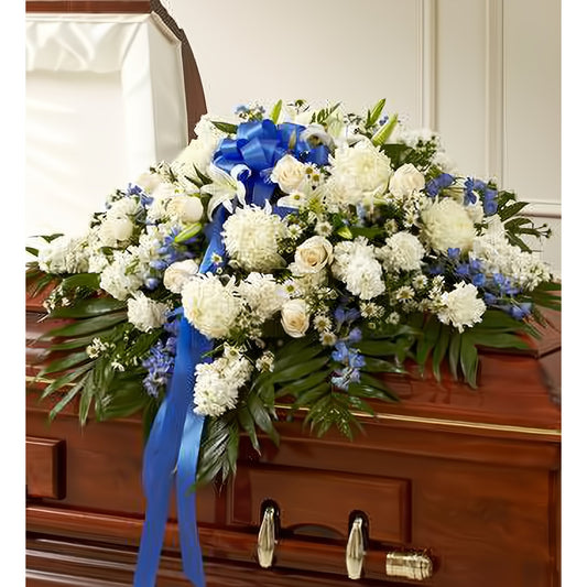 Blue & White Cherished Rose Half Casket Cover - Floral_Arrangement - Flower Delivery NYC