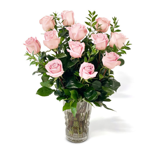 Fresh Roses in a Crystal Vase | Dozen Light Pink - Floral_Arrangement - Flower Delivery NYC