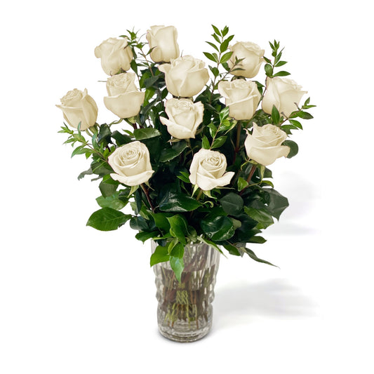 Fresh Roses in a Crystal Vase | Dozen White - Floral_Arrangement - Flower Delivery NYC