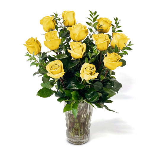 Fresh Roses in a Crystal Vase | Dozen Yellow - Floral_Arrangement - Flower Delivery NYC