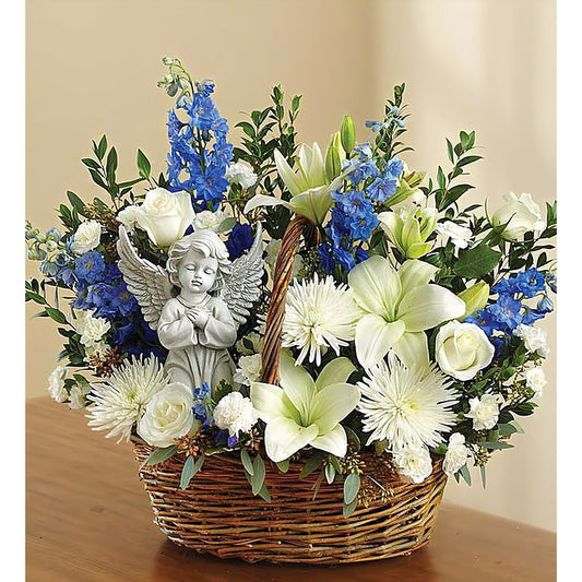 Heavenly Angel & Blue and White Basket - Floral_Arrangement - Flower Delivery NYC