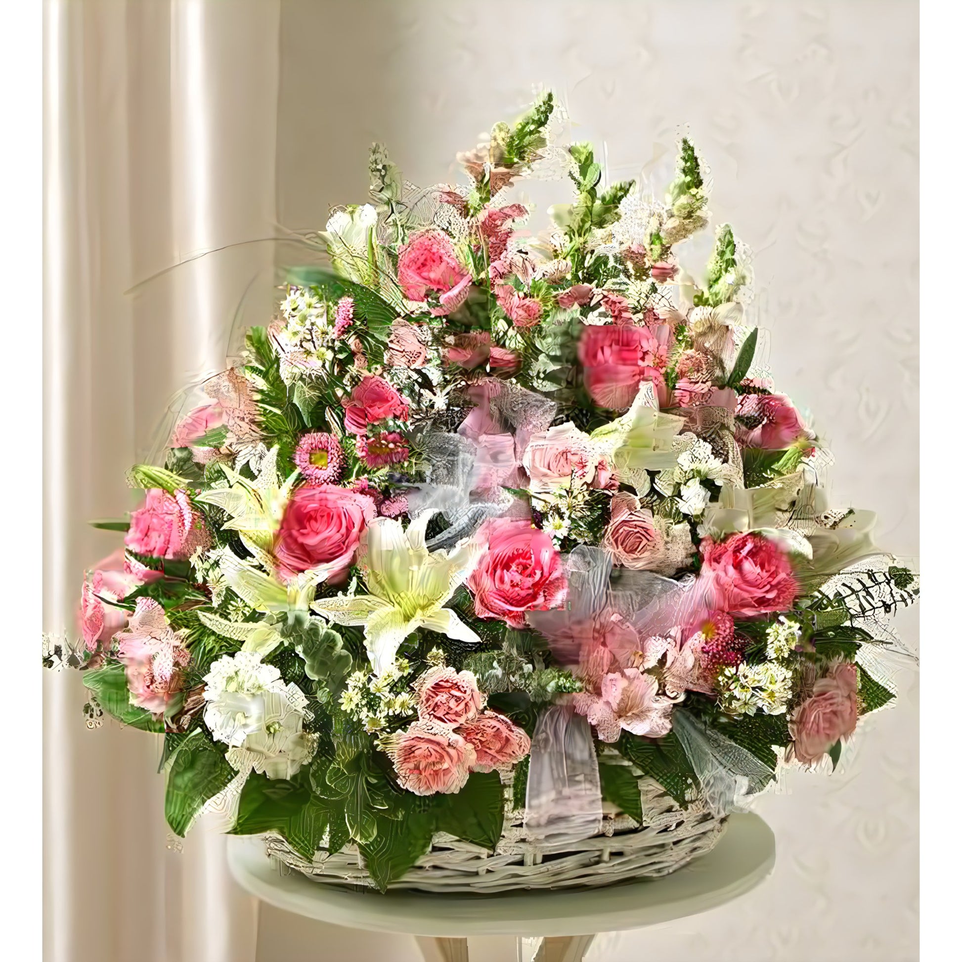 Pink and White Sympathy Arrangement in Basket - Floral_Arrangement - Flower Delivery NYC