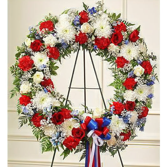 Serene Blessings Red, White & Blue Standing Wreath - Floral_Arrangement - Flower Delivery NYC