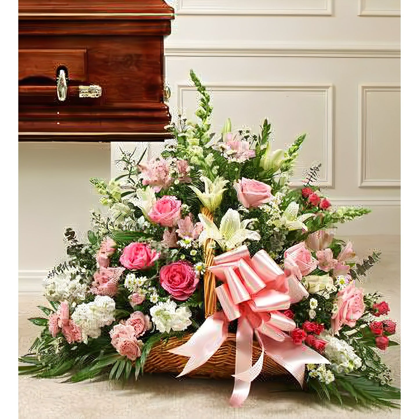 Sincerest Sympathies Fireside Basket-Pink &amp; White - Floral_Arrangement - Flower Delivery NYC